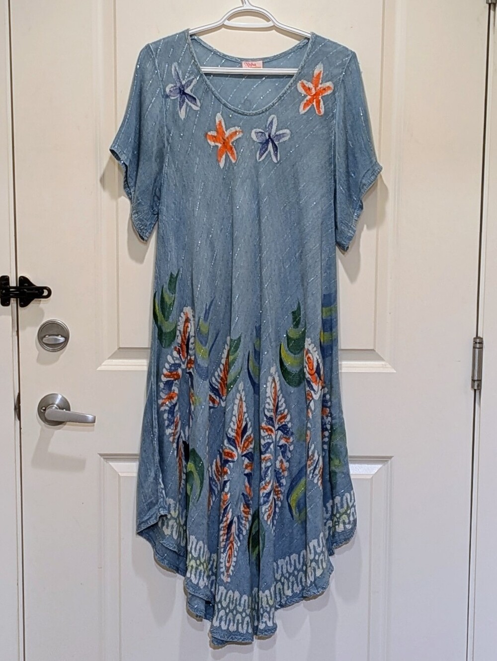 GUC Nisha Creations OS Hand Painted Light Blue Beach Dress with Silver Threads